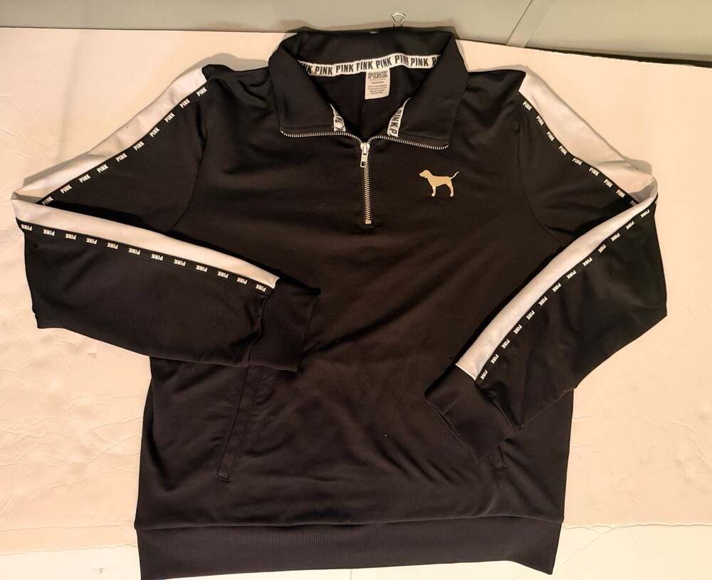 Pink Victoria's Secret Black Quarter-Zip Pullover Sweatshirt w/ Logos